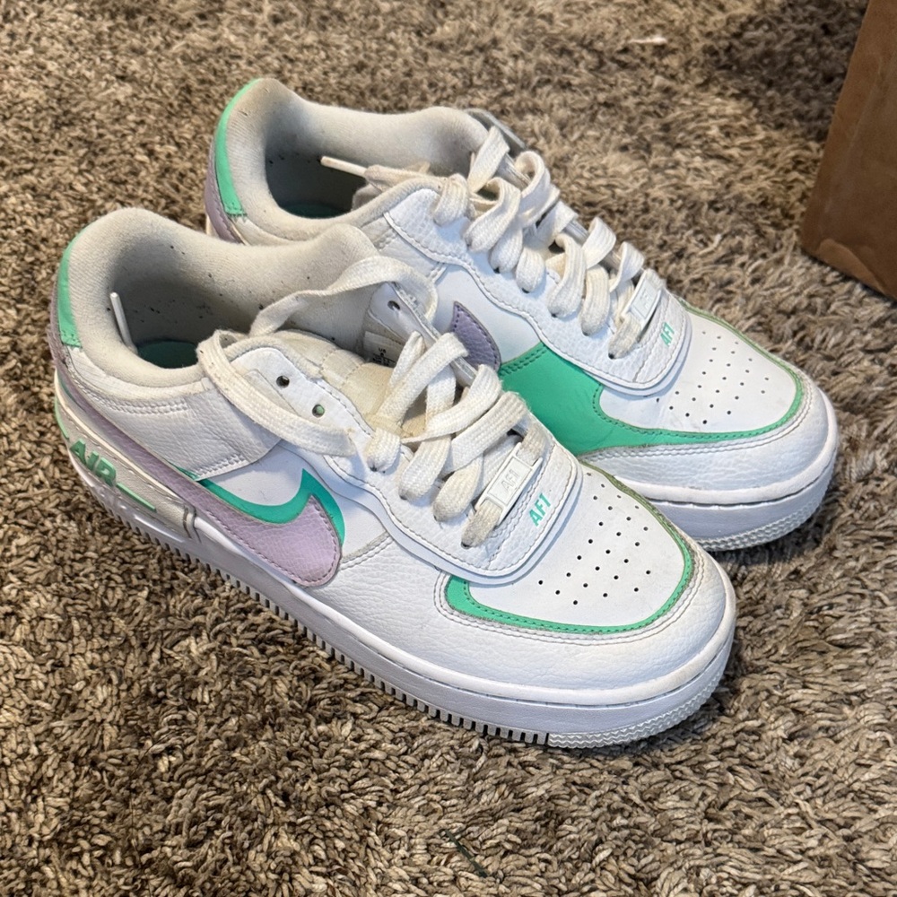 Nike AF1 White and Teal Sneakers with Lavender Accents
